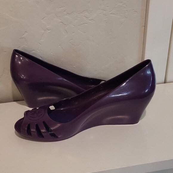 Gucci Interlocking G Logo Rubber Pumps Wedge Rubber Purple Open Toe Size 38 - Picture 4 of 14